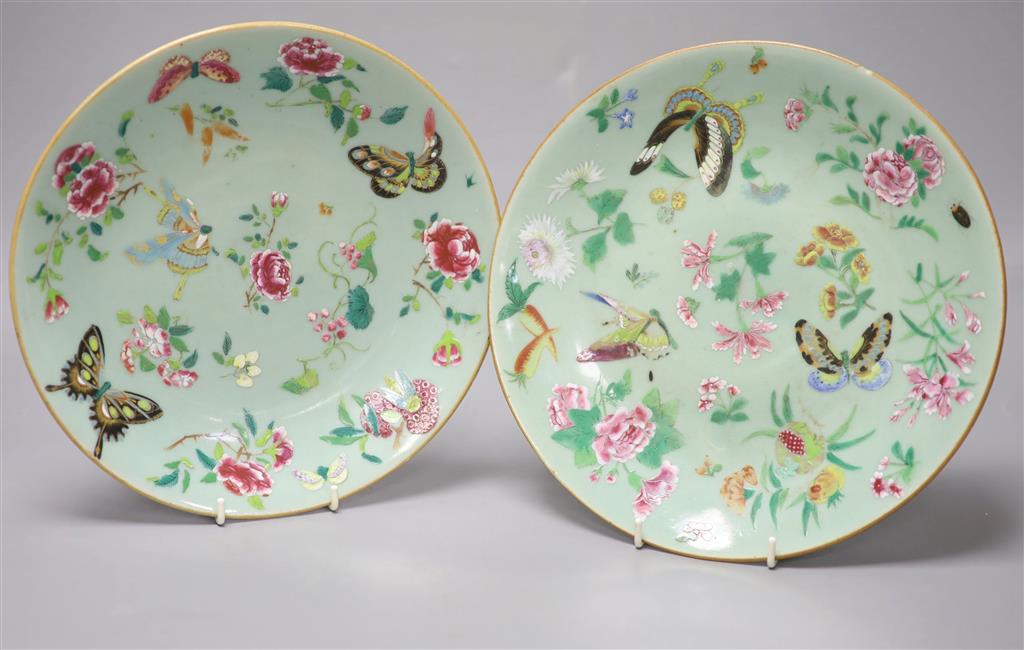 A near pair of Chinese celadon ground famille rose dishes, diameter 25cm